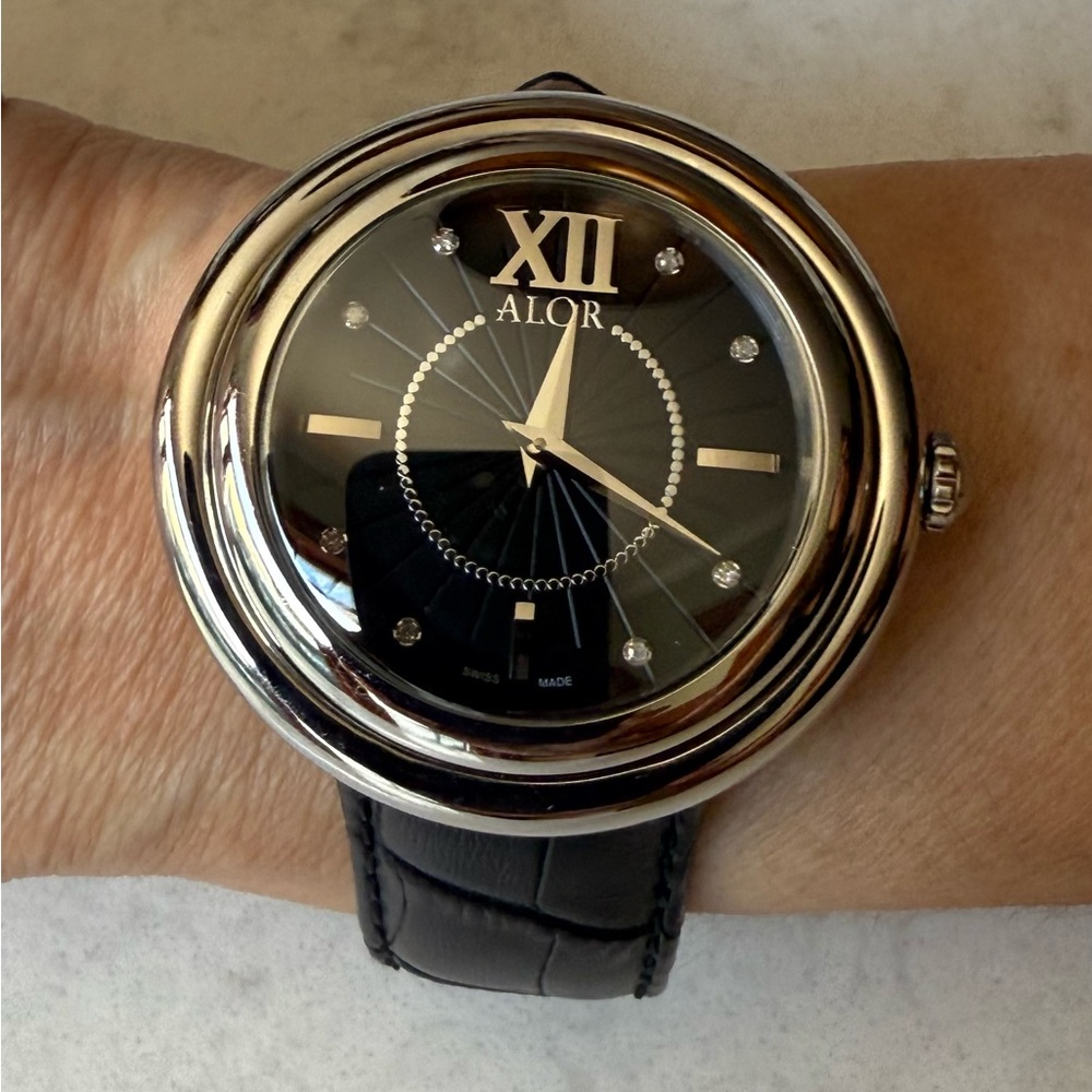ALOR Women's Stainless Steel Watch with Diamond Markers and Black Leather Strap